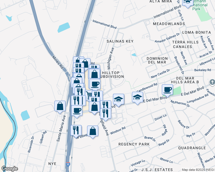 map of restaurants, bars, coffee shops, grocery stores, and more near 7330 Springfield Avenue in Laredo