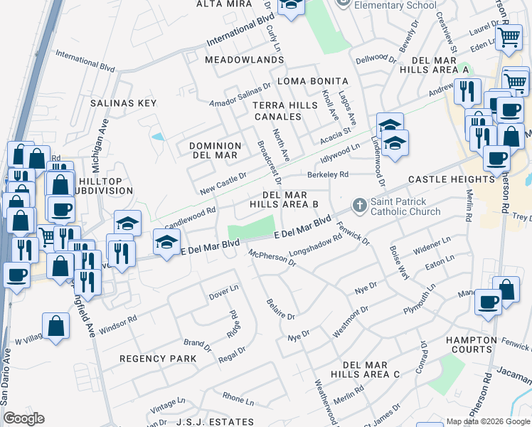map of restaurants, bars, coffee shops, grocery stores, and more near 317 Farrell Road in Laredo