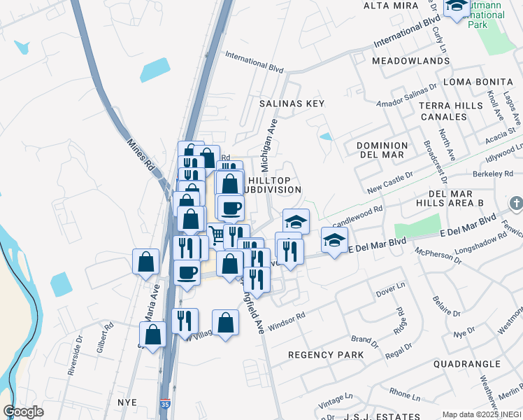 map of restaurants, bars, coffee shops, grocery stores, and more near 7303 Wagner Court in Laredo