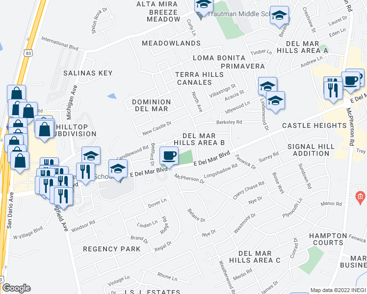 map of restaurants, bars, coffee shops, grocery stores, and more near 321 Farrell Road in Laredo