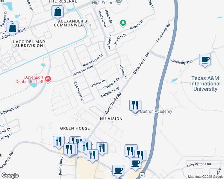 map of restaurants, bars, coffee shops, grocery stores, and more near 3003 Dickinson Drive in Laredo