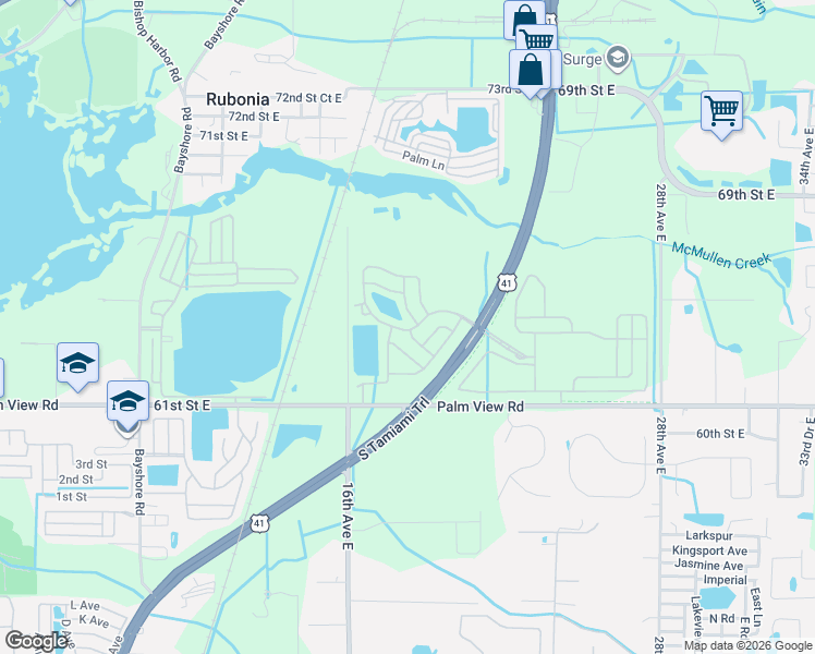 map of restaurants, bars, coffee shops, grocery stores, and more near 2188 Lakeside Boulevard in Palmetto