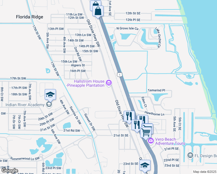 map of restaurants, bars, coffee shops, grocery stores, and more near 1723 Old Dixie Highway Southwest in Vero Beach