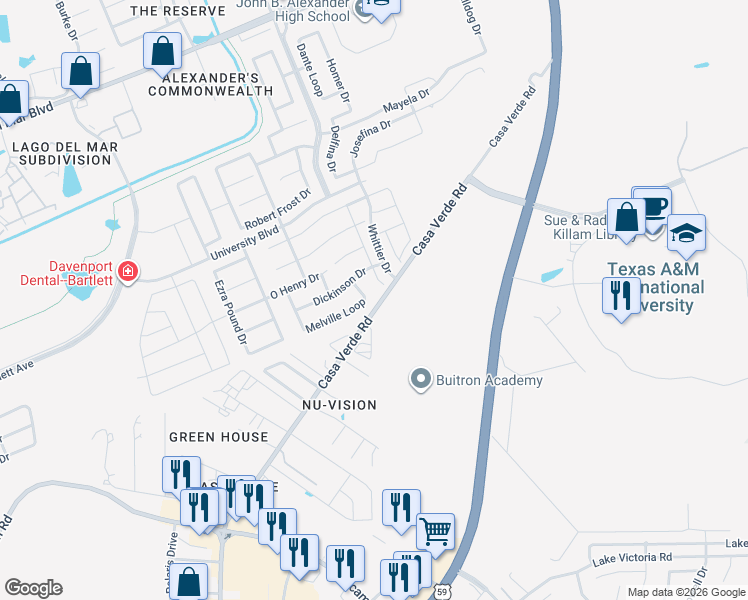 map of restaurants, bars, coffee shops, grocery stores, and more near 7304 Fitzgerald Drive in Laredo