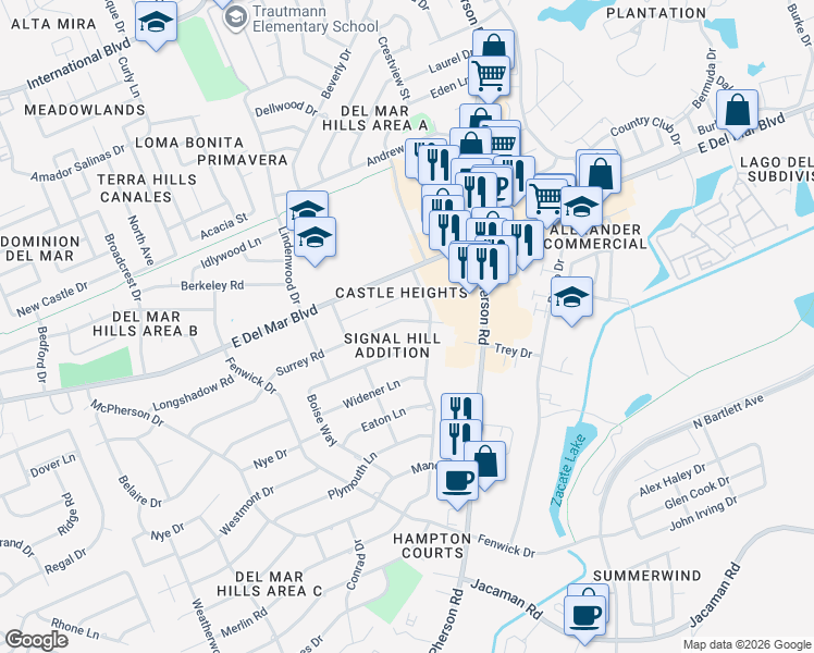 map of restaurants, bars, coffee shops, grocery stores, and more near 817 Surrey Road in Laredo