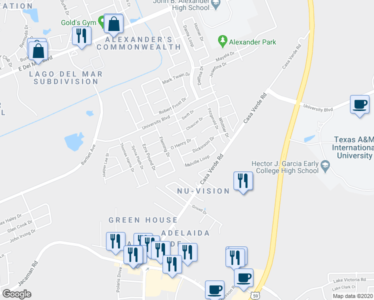 map of restaurants, bars, coffee shops, grocery stores, and more near 2908 Dickinson Drive in Laredo