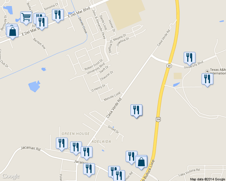 map of restaurants, bars, coffee shops, grocery stores, and more near 3003 Dickinson Drive in Laredo