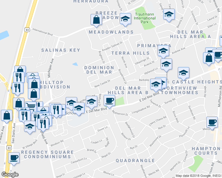 map of restaurants, bars, coffee shops, grocery stores, and more near 302 Richmond Court in Laredo