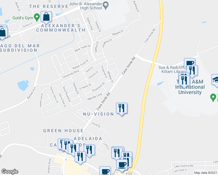 map of restaurants, bars, coffee shops, grocery stores, and more near 7304 Fitzgerald Drive in Laredo