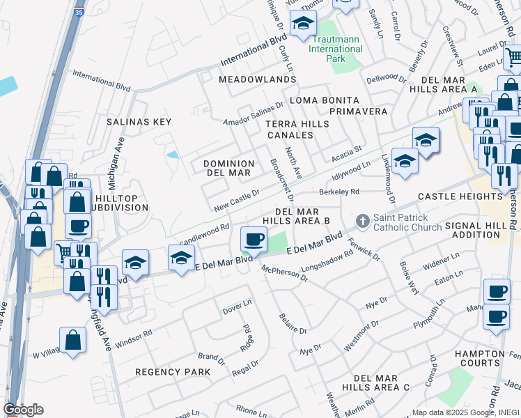 map of restaurants, bars, coffee shops, grocery stores, and more near Richmond Court in Laredo