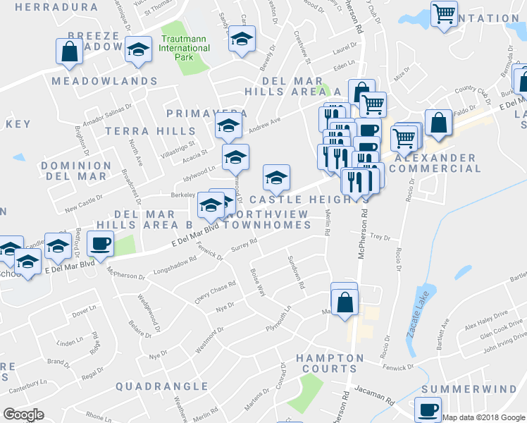 map of restaurants, bars, coffee shops, grocery stores, and more near 715 East Del Mar Boulevard in Laredo