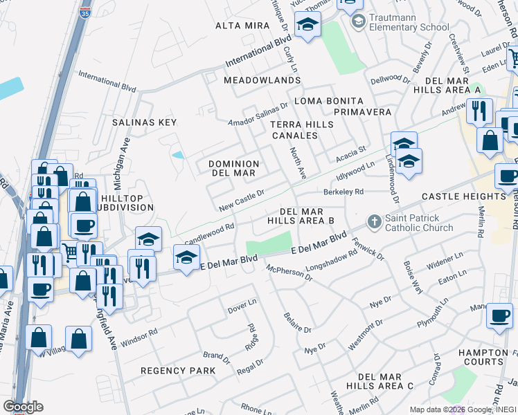 map of restaurants, bars, coffee shops, grocery stores, and more near 212 Candlewood Road in Laredo