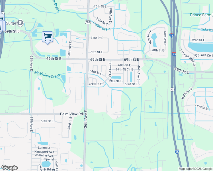 map of restaurants, bars, coffee shops, grocery stores, and more near 3805 61st Street East in Palmetto