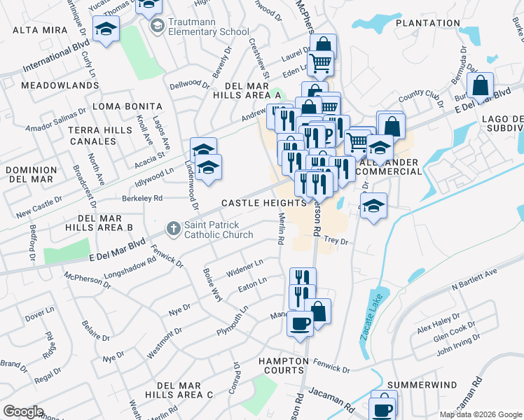 map of restaurants, bars, coffee shops, grocery stores, and more near 817 Surrey Road in Laredo