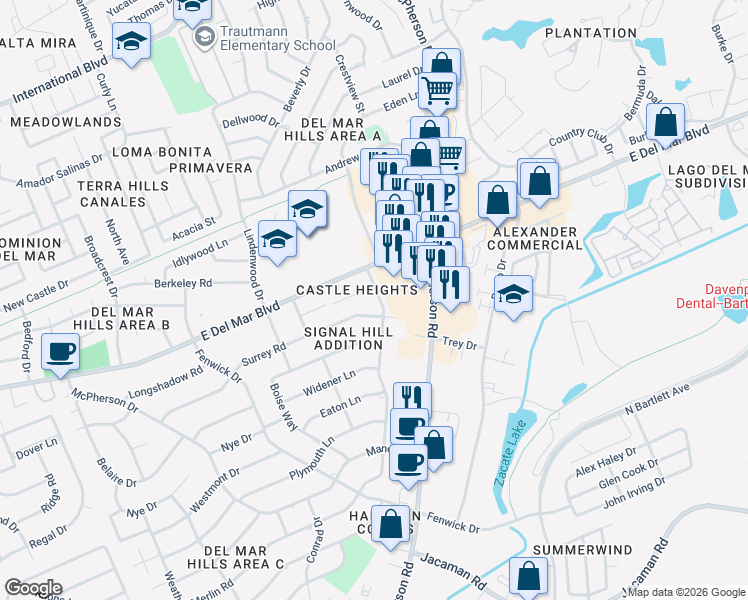 map of restaurants, bars, coffee shops, grocery stores, and more near 817 Surrey Road in Laredo