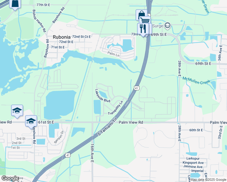 map of restaurants, bars, coffee shops, grocery stores, and more near 2082 Lakeside Boulevard in Palmetto