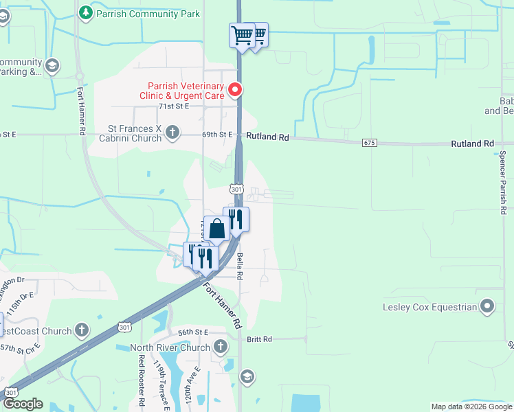 map of restaurants, bars, coffee shops, grocery stores, and more near 215 U.S. 301 in Parrish