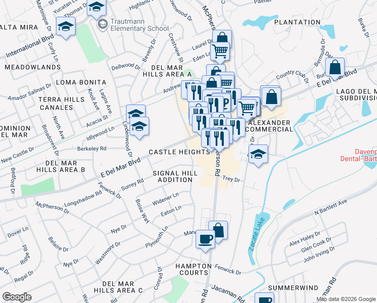 map of restaurants, bars, coffee shops, grocery stores, and more near 110 Merlin Road in Laredo