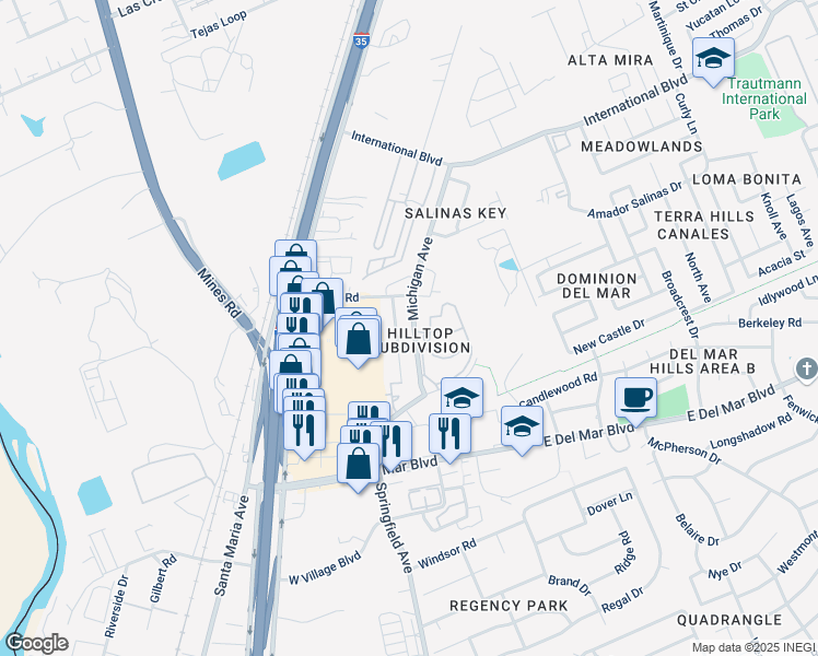 map of restaurants, bars, coffee shops, grocery stores, and more near 7406 Michigan Avenue in Laredo