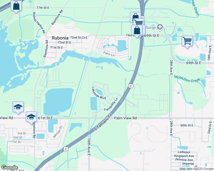 map of restaurants, bars, coffee shops, grocery stores, and more near 2019 Lakeside Boulevard in Palmetto