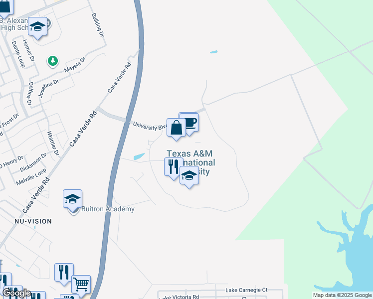 map of restaurants, bars, coffee shops, grocery stores, and more near 5201 University Boulevard in Laredo