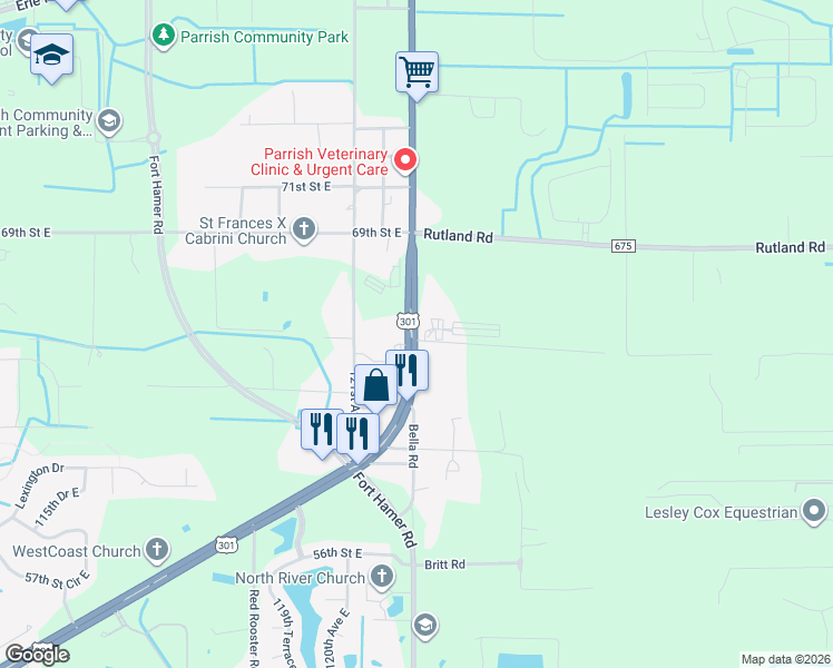 map of restaurants, bars, coffee shops, grocery stores, and more near 215 U.S. 301 in Parrish