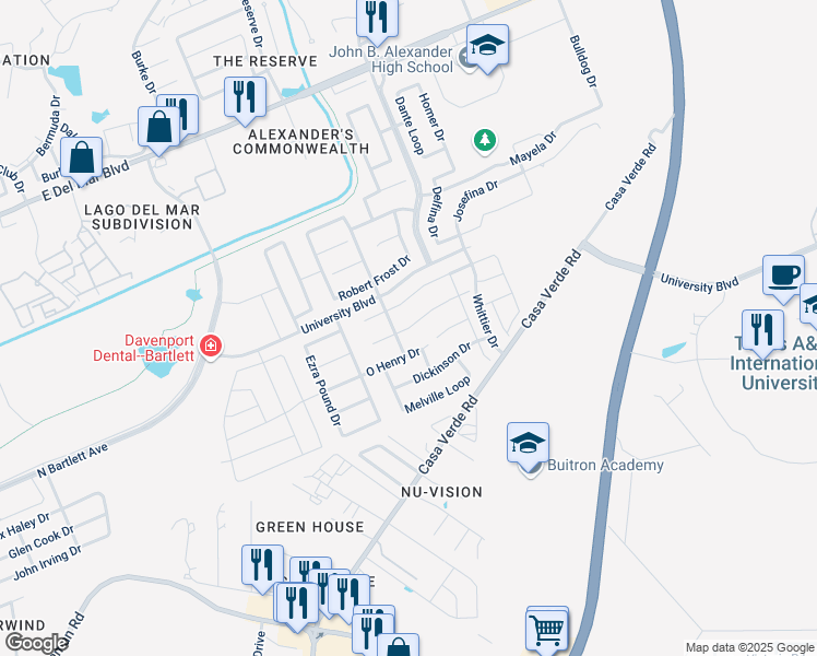 map of restaurants, bars, coffee shops, grocery stores, and more near 3005 Chaucer Drive in Laredo