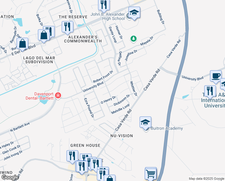 map of restaurants, bars, coffee shops, grocery stores, and more near Chaucer Drive in Laredo