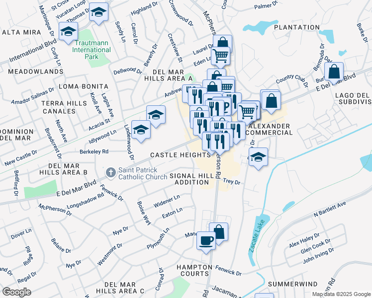 map of restaurants, bars, coffee shops, grocery stores, and more near 102 Merlin Road in Laredo