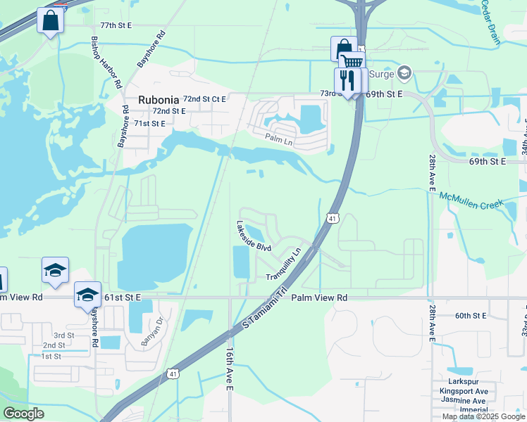 map of restaurants, bars, coffee shops, grocery stores, and more near 2019 Lakeside Boulevard in Palmetto