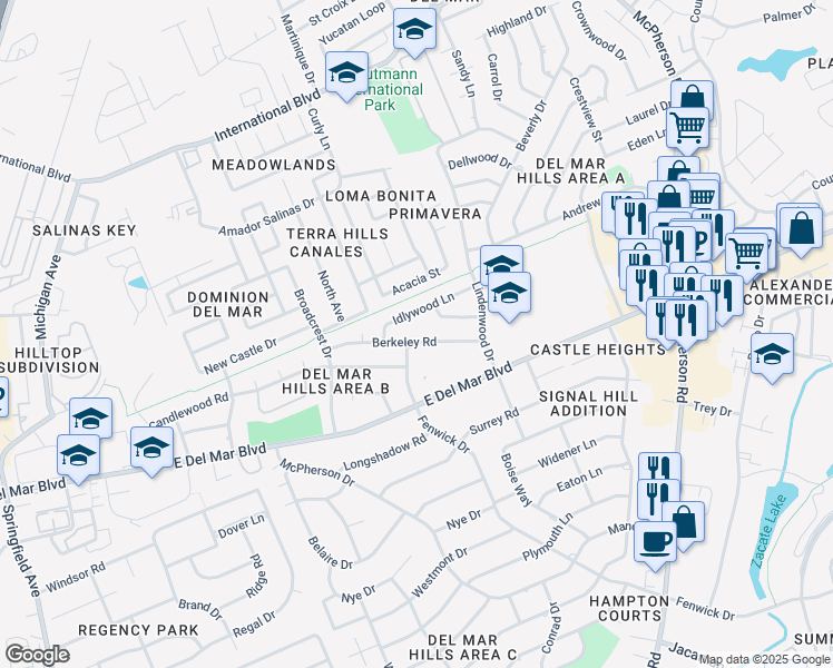 map of restaurants, bars, coffee shops, grocery stores, and more near 510 Berkeley Road in Laredo
