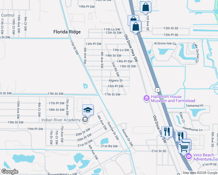 map of restaurants, bars, coffee shops, grocery stores, and more near 1600 3rd Court Southwest in Vero Beach