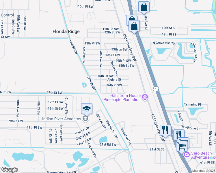 map of restaurants, bars, coffee shops, grocery stores, and more near 1600 3rd Ct SW in Vero Beach