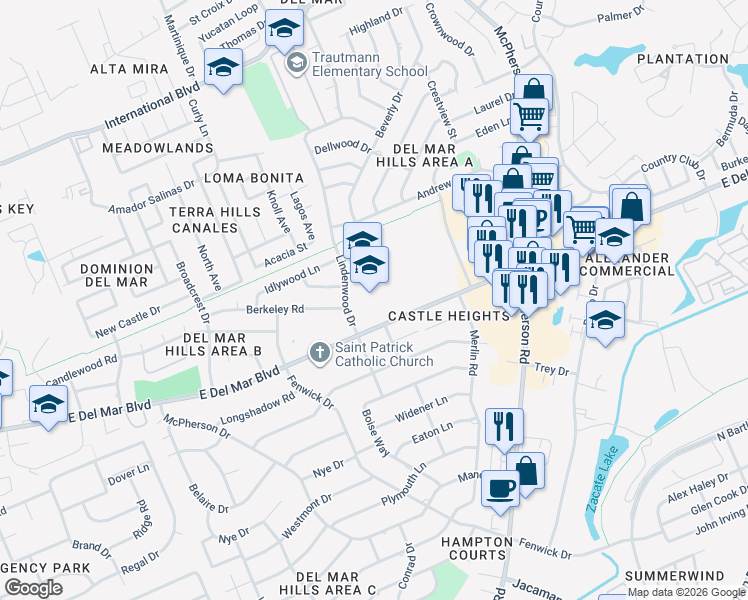 map of restaurants, bars, coffee shops, grocery stores, and more near 700 East Del Mar Boulevard in Laredo