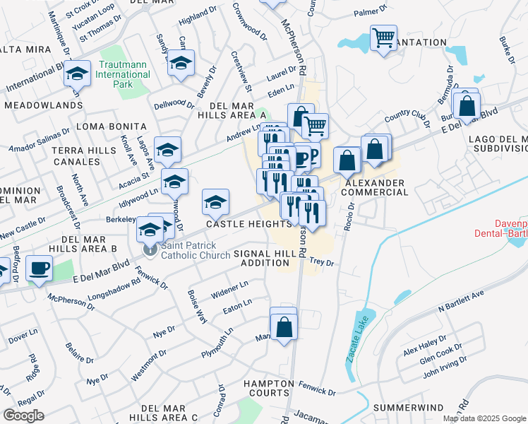 map of restaurants, bars, coffee shops, grocery stores, and more near 100-102 Merlin Road in Laredo