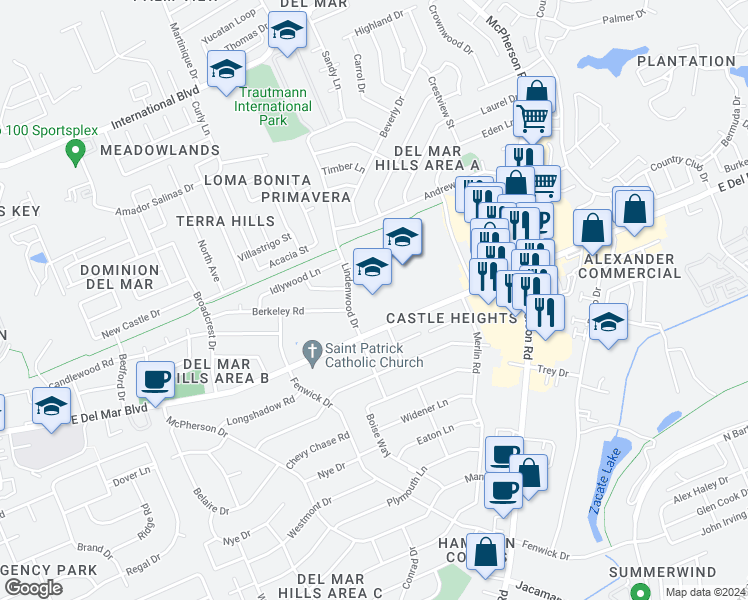 map of restaurants, bars, coffee shops, grocery stores, and more near 700 East Del Mar Boulevard in Laredo