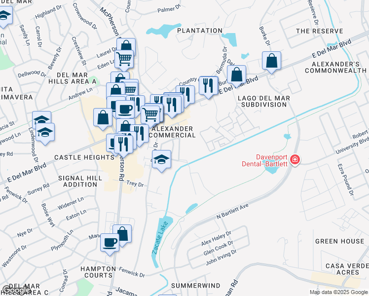 map of restaurants, bars, coffee shops, grocery stores, and more near 7605 Green Meadow Drive in Laredo