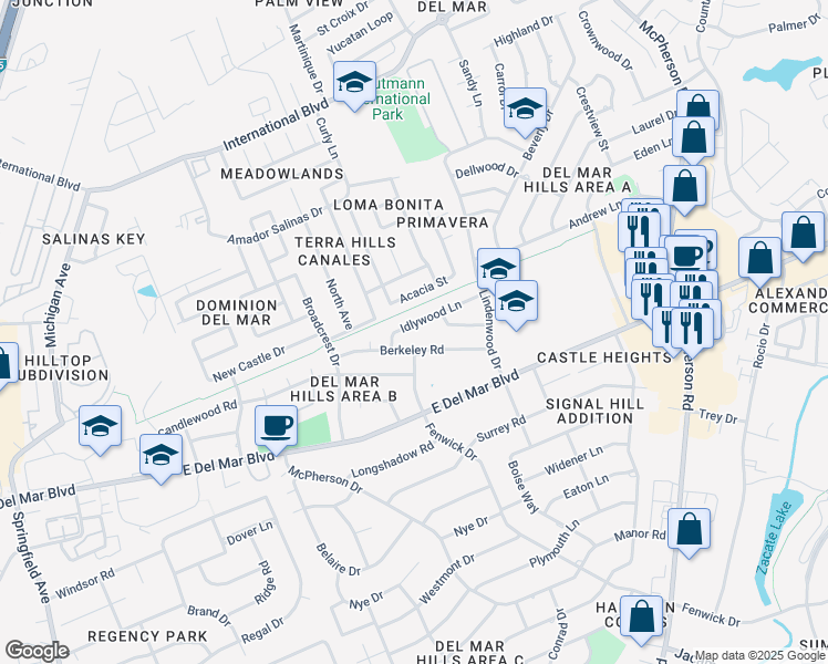 map of restaurants, bars, coffee shops, grocery stores, and more near 510 Berkeley Road in Laredo