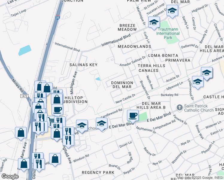 map of restaurants, bars, coffee shops, grocery stores, and more near 230 New Castle Drive in Laredo