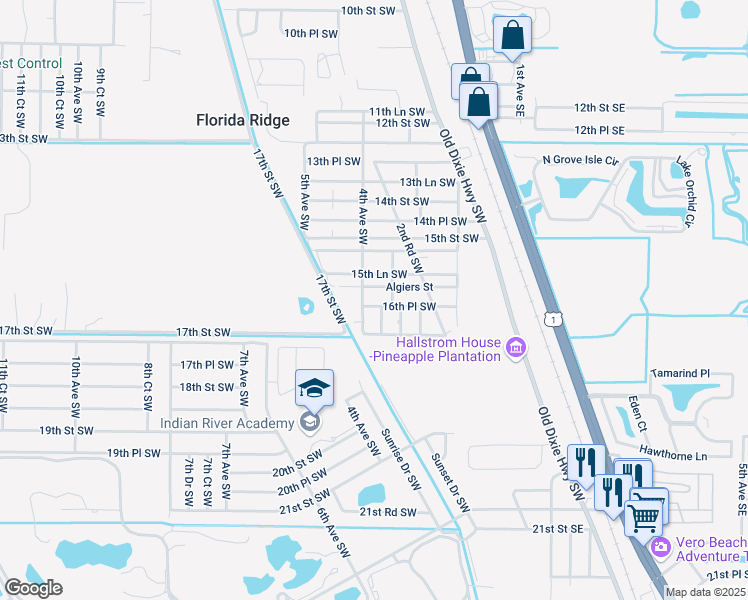 map of restaurants, bars, coffee shops, grocery stores, and more near 1600 3rd Court Southwest in Vero Beach