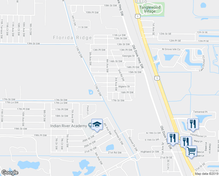 map of restaurants, bars, coffee shops, grocery stores, and more near 365 16th Street Southwest in Vero Beach