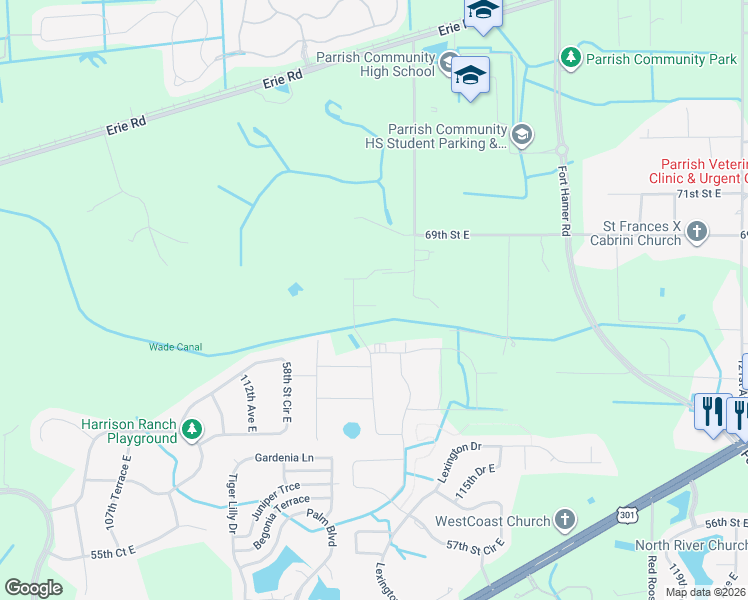 map of restaurants, bars, coffee shops, grocery stores, and more near 6602 Martha Road in Parrish
