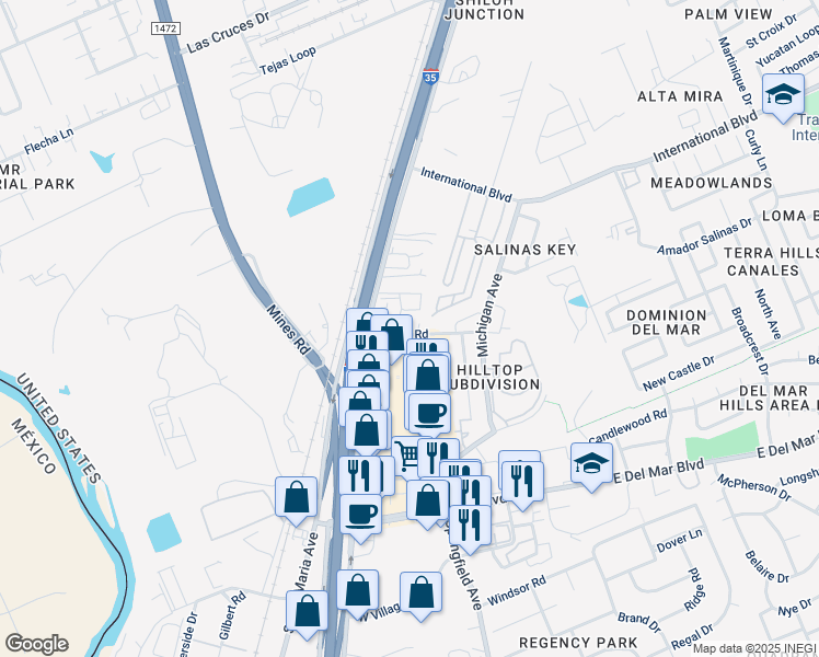 map of restaurants, bars, coffee shops, grocery stores, and more near 412 Hilltop Road in Laredo