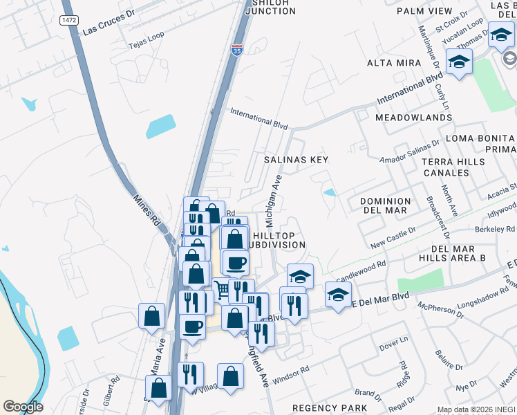 map of restaurants, bars, coffee shops, grocery stores, and more near 134 Niagara Drive in Laredo