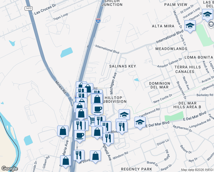 map of restaurants, bars, coffee shops, grocery stores, and more near 134 Niagara Drive in Laredo