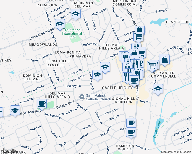 map of restaurants, bars, coffee shops, grocery stores, and more near 201 Lindenwood Drive in Laredo