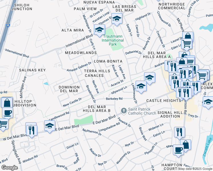 map of restaurants, bars, coffee shops, grocery stores, and more near 86 Grove Avenue in Laredo