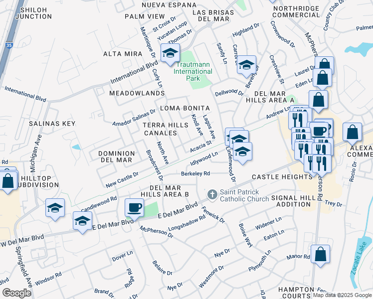 map of restaurants, bars, coffee shops, grocery stores, and more near 86 Grove Avenue in Laredo