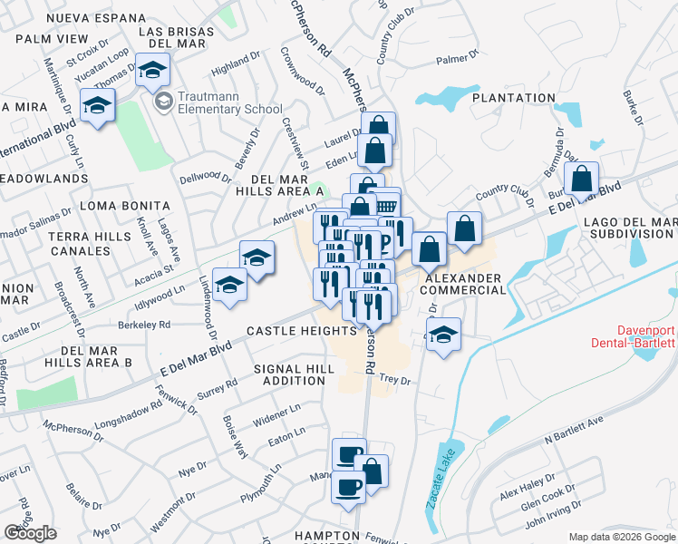 map of restaurants, bars, coffee shops, grocery stores, and more near 1212 East Del Mar Boulevard in Laredo
