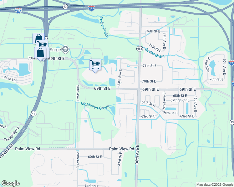 map of restaurants, bars, coffee shops, grocery stores, and more near 6807 34th Avenue East in Palmetto